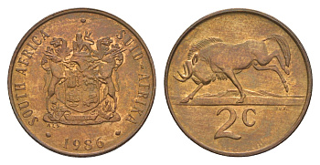 ЮАР 2 цента 1986 герб, антилопа гну KM 83 бронза UNC 4177-255