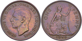 Великобритания 1 пенни 1946 Георг VI (1936-1952) KM 845, Spink 4114 бронза 4590-1234