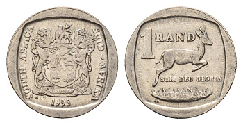 ЮАР 1 ранд 1995 антилопа спрингбок, герб KM 138 медь плакированная никелем 4643-611