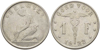 БЕЛЬГИЯ 1 ФРАНК 1922 BELGIE, АЛЬБЕРТ I (1909-1934) KM 90 никель 119-415