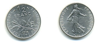 ФРАНЦИЯ 1/2 ФРАНКА 1974 СЕЯТЕЛЬ KM 931.1, LE FRANC 198.13 никель 25-931