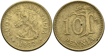 Финляндия 10 пенни 1982 KM 46 алюминиевая бронза 4585-929