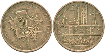 Франция 10 франков 1976 тип Матье KM 940, Le Franc 365.7-8 никель латунь 106-255