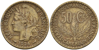 Французский Камерун 50 сантимов 1924 (а), монетный двор Париж KM 1 алюминиевая бронза 4164-1144