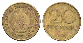 ГДР 20 пфеннигов 1969 A KM 11 латунь 192-233