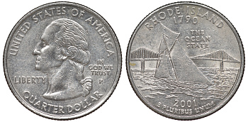 США 25 центов = квотер 2001 Р, серия штаты США, Род-Айленд KM 320 медь плакированная медно-никелем 4538-1232