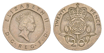 Великобритания 20 пенсов 1990 Елизавета II (1952-2022) KM 939, Spink 4361 (G2) медно-никель 4639-858