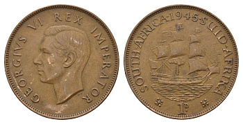 ЮАР 1 пенни 1945 Георг VI (1936-1952) KM 25 бронза 4531-142