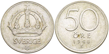 Швеция 50 эре 1948 TS, Густав V (1907-1950) KM 817 серебро 119-1046