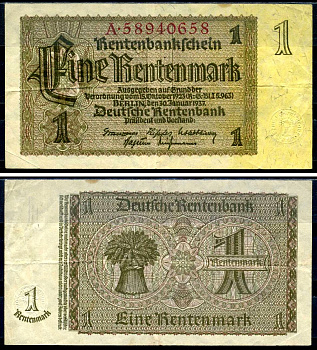 Германия 1 рентенмарка 1937 30 января 1937, восемь цифр в номере, серия A Pick 173 b, Rosenberg 166 b бумага 7376-35-3-2