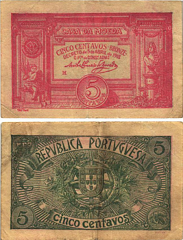 Португалия 5 сентаво бронзовых 1918 Casa da Moeda, красная Pick 98 бумага 8606-28-3-2