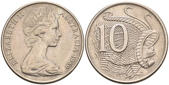 Австралия 10 центов 1969 Елизавета II (1952-), птица лирахвост KM 65 медно-никель 4566-453