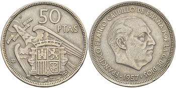 ИСПАНИЯ 50 ПЕСЕТ 1957 (58) ФРАНСИСКО ФРАНКО ДИКТАТОР ИСПАНИИ ( 1939- 1975) KM 788 медно-никель 4185-933