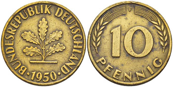 ФРГ 10 ПФЕННИГОВ 1950 F KM 108, J. 383 сталь плакированная латунью 4402-253