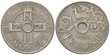 Норвегия 1 крона 1999 Харальд V (1991-) KM 462 медно-никель 99-753
