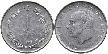 Турция 1 лира 1966 Мустафа Кемаль Ататюрк KM 889а.1 нержавеющая сталь 4541-1232