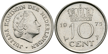 НИДЕРЛАНДЫ 10 ЦЕНТОВ 1975 ЮЛИАНА KM 182 никель 96-439