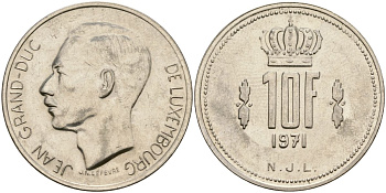 Люксембург 10 франков 1971 Великий герцог Жан (1964-2000) KM 57 никель 4120-1133