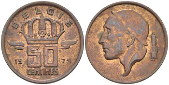 Бельгия 50 сантимов 1975 Belgie, Бодуэн I (1951-1993) KM 149.1 бронза 3458-123