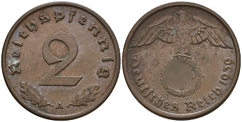 Германия 2 рейхспфеннига 1939 A KM 90, J. 362 бронза 4151-131