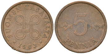 Финляндия 5 пенни 1963 KM 45 медь 4617-1257