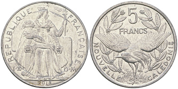 Французская Новая Каледония 5 франков 2013 птица кагу, (IEOM) KM 16, Schoen 12, Lec 81k алюминий 4111-1236