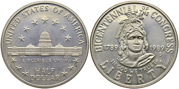 США 1/2 доллара (50 центов) 1989 S, 200 лет Конгрессу США KM 224 медь плакированная медно-никелем PROOF 1530-731