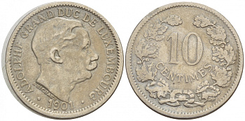 ЛЮКСЕМБУРГ 10 САНТИМОВ 1901 АДОЛЬФ (1890-1905) KM 25 медно-никель 4548-812