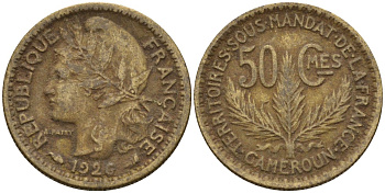 Камерун 50 сантимов 1926 (a), мондвор Париж KM 1 алюминиевая бронза 4169-1123