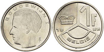 БЕЛЬГИЯ 1 ФРАНК 1989 BELGIE KM 171 сталь плакированная никелем 4528-1044