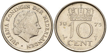 Нидерланды 10 центов 1975 Юлиана (1949-1980) KM 182 никель    4598-328