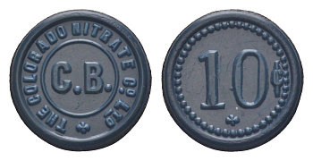 Чили, Кармен Баджо (Carmen Bajo), Посо-Альмонте шахтерский жетон с Селитряного рудника для покупки в местных магазинах, номиналом в 10 сентаво 1880-1920 диаметр 21 мм, вес 1,09 гр Espinosa 65.5 эбонит (синий) 1094-3-51
