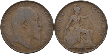 Великобритания 1 пенни 1907 Эдуард VII (1901-1910) KM 794.2, Sp 3990 бронза 4144-741
