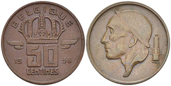 БЕЛЬГИЯ 50 СЕНТАВО 1958 БОДУЭН I (1951-1993), BELGIQUE KM 148.1 бронза 4514-643