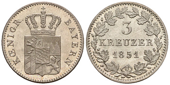 Бавария 3 крейцера 1851 Максимилиан II (1848-1864) KM 800, Jaeger 59, AKS 154 серебро UNC 413-5745