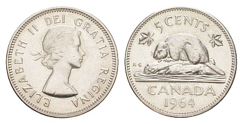 Канада 5 центов 1964 Елизавета II (1952-2022), бобр KM 57 никель UNC 4639-444