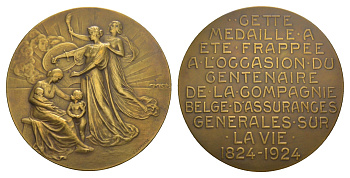 Бельгия медаль в честь 100-летия страховой компании, занимающаяся страхованием жизни 1924 диаметр 74,5 мм, вес 121 гр бронза 3-5-3-25
