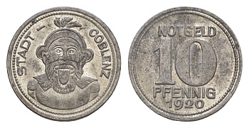 Кобленц 10 пфеннигов 1920 Funck 80.3, Men05 4526.8, Men18 5727.8 железо 4636-921