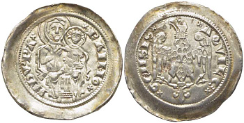 Италия денаро 1277 Аквилея. Герцог Раймондо (1273-1299). Богоматерь с младенцем / орел. 1,13 гр, XF Bernardi 28; Biaggi 155 серебро 00-812-72