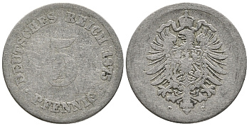 Германия 5 пфеннигов 1875 C, старогербовка KM 3, Jager 3, Weege 5 медно-никель 39-322