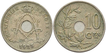 БЕЛЬГИЯ 10 САНТИМОВ 1925/4 BELGIE, АЛЬБЕРТ I (1909-1934) KM 86 медно-никель 119-333