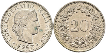 Швейцария 20 раппенов 1962 B KM 29a медно-никель 4575-115
