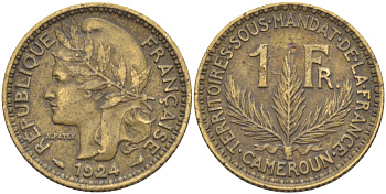 Французский Камерун 1 франк 1924 (а), монетный двор Париж KM 2 алюминиевая бронза 25-2121