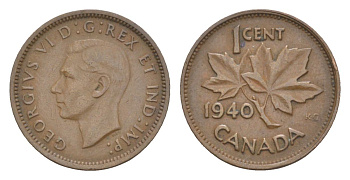 Канада 1 цент 1940 Георг VI (1936-1952), кленовый лист KM 32 бронза 4630-513