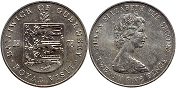 Гернси 25 пенсов 1978 Королевский визит KM 32 медно-никель UNC 74-714