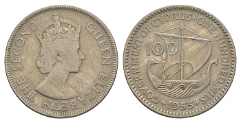 Кипр 100 милей 1955 Елизавета II (1952-2022) KM 37 медно-никель 4652-422