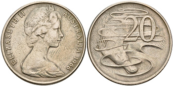 Австралия 20 центов 1966 Елизавета II (1952-2022), утконос KM 66 медно-никель    4157-926