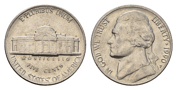 США 5 центов 1990 P, Джефферсон KM A192 медно-никель 4637-652