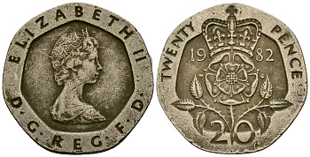 Великобритания 20 пенсов 1982 Елизавета II (1952-2022) KM 931, Spink 4230 (G1) медно-никель 4167-1254