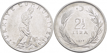 ТУРЦИЯ 2 1/2 ЛИРЫ 1977 KM 893.2 сталь 4179-112
